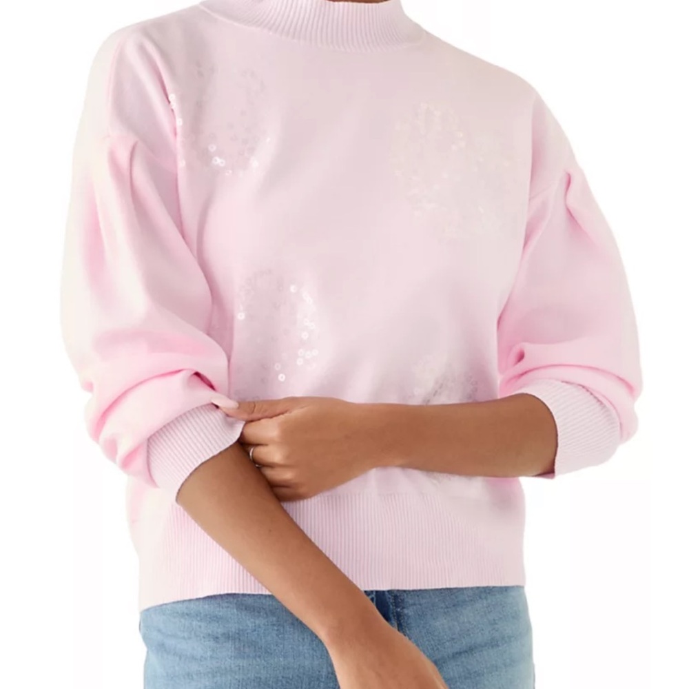 Crown & Ivy Sweater Baby Pink Pullover Sweater Crew Neck Sequins Hearts Size S